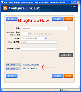 Blogger Configure Link List - Added Links to Create Categories in Blogger