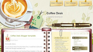 Coffee Desk - Free Blogger Template - 3 column, fixed width, 2 right sidebars, customized date feature, navigation menu, notebook style post section, rss subscribe button in footer, green, light, coffee cup header image