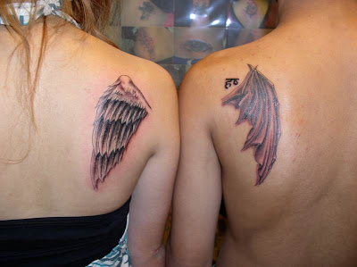 lovers matching tattoo with angel and demon