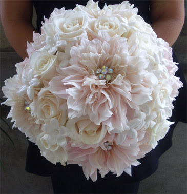 Wedding Bouquet of Pink Dahlias White Roses and Beaded Stephanotis from My