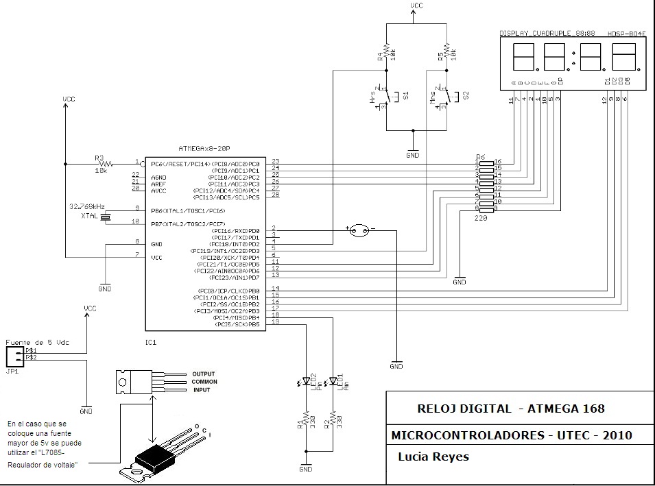 Microcontrolador ATMEGA168 Reloj Digital: Diagrama del Circuito