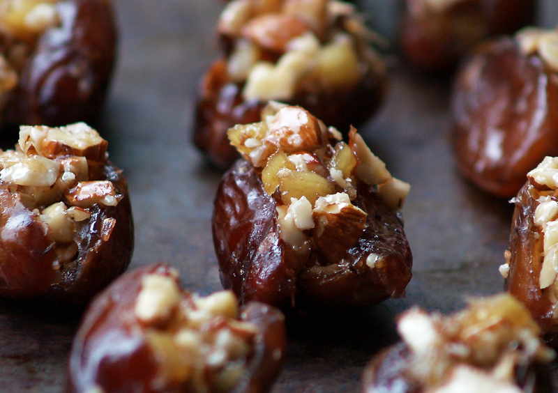 Aubergine, Sweet & Green Dates Stuffed with Ginger & Almonds