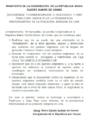 MANIFIESTO DE LA CONGRESISTA DE LA REPUBLICA MARIA CLEOFE SUMIRE DE CONDE