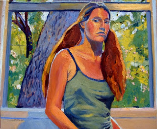 Self portait oil painting waist to head (in tank top and pigtails) in front of window with tree