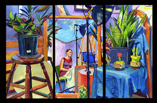 oil painting self portrait triptych with still life of plants, other paintings, stools, and lamps