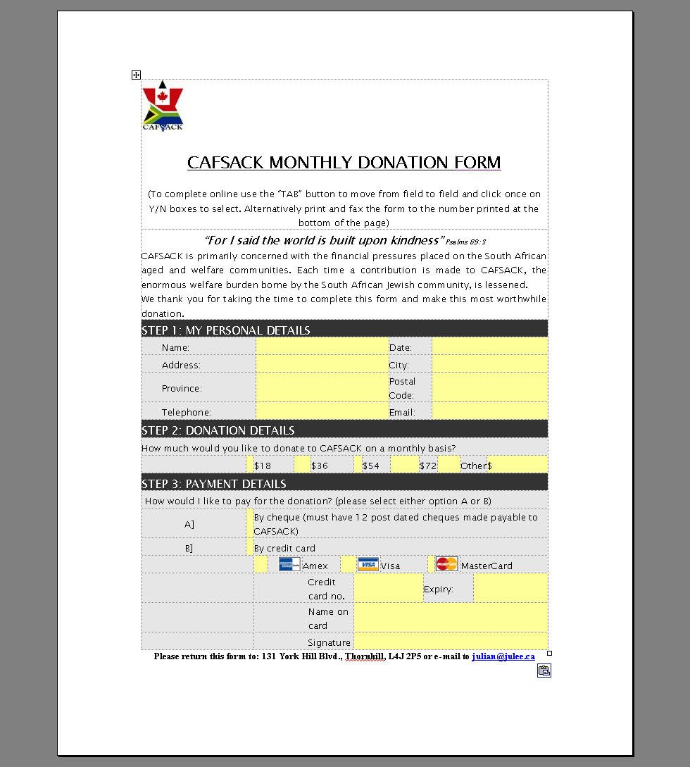 Monthly Donation Form - Right Click to Print Form