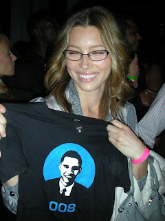 Jessica Biel holds up her new Barack Obama shirt