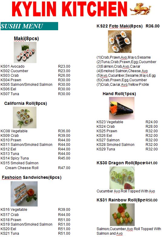 Randburg Chinese Take Away/ Restaurant Sushi Menus