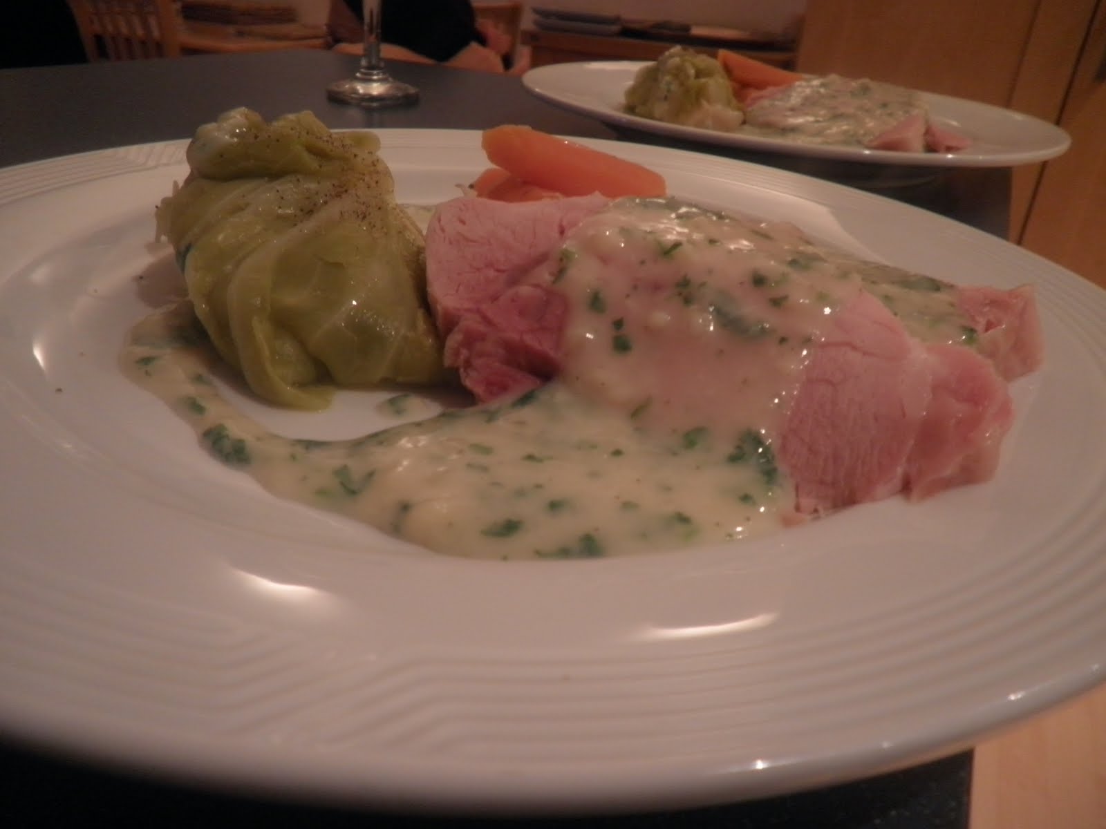 A Chefs Life Boiled Ham, Cabbage, carrots and Parsley Sauce.