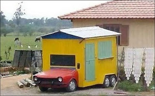funny photo of car made as a house like a caravan