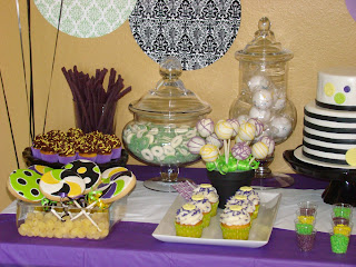 purple green yellow black and white desset table - sweet cakes by rebecca
