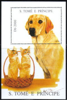 1995年サントメ・プリンシペ民主共和国　ラブラドール・レトリーバーと子猫の切手シート