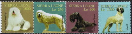 2004年シエラレオネ共和国 オールド・イングリッシュ・シープドッグ　グレート・ピレニーズ　ケリー・ブルー・テリア　マスティフの切手
