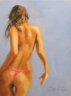 Pink bikini - oil on board - painting by Stephen Scott