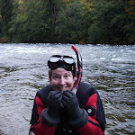 Caroline is about to SNORKEL with the Salmon...some are AS BIG AS HER....I'd be scared too!