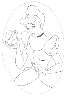 Coloring page of Cinderella portrait, holding a mouse in her hand