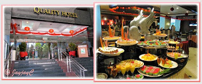 Collage: the entrance to Quality Hotel, KL and inside Benteng Coffee House with the cake and desserts spread