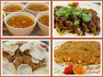 Food collage: Shark's Fin, Baked Seaperch, Cold Sea Prawns and Crispy Chicken