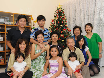 My family of nine and relatives, in front of our Christmas tree
