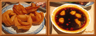 Photo collage of fried wonton skins and sauce at Canton-i, Mid Valley Gardens
