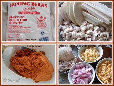 Photo collage showing some of the ingredients used for Yam Cake