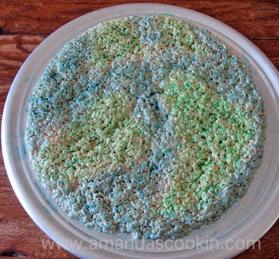 An overhead photo of a edible earth cake resting on a plate.