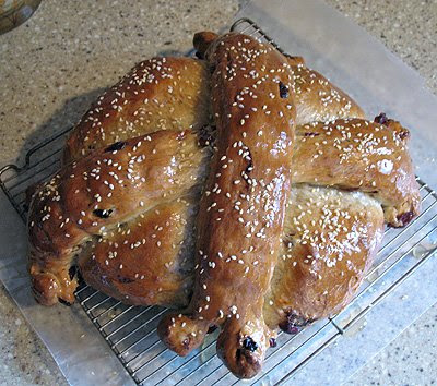 A close up overhead photo of artos bread.