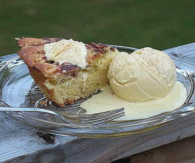 A scoop of cinnamon ice cream on a plate next to a slice of Milopita.