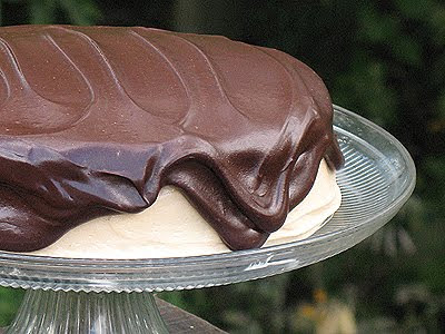 A close up photo of a chocolate cake with peanut butter frosting and chocolate peanut butter topping resting on a cake stand.