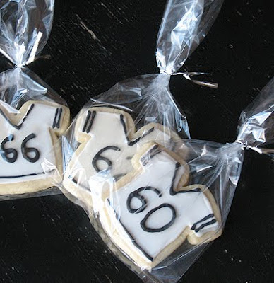 A photo of football jersey cookies in clear bags.