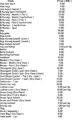 Ireen Laundry: Price list
