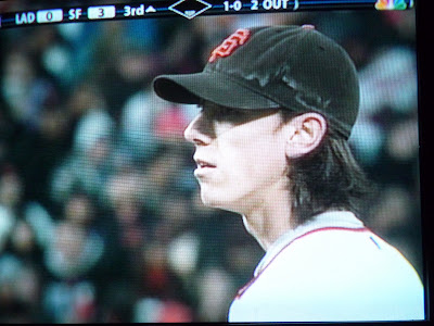 photo of a TV screen showing the San Francisco Giants' pitcher Tim Lincecum