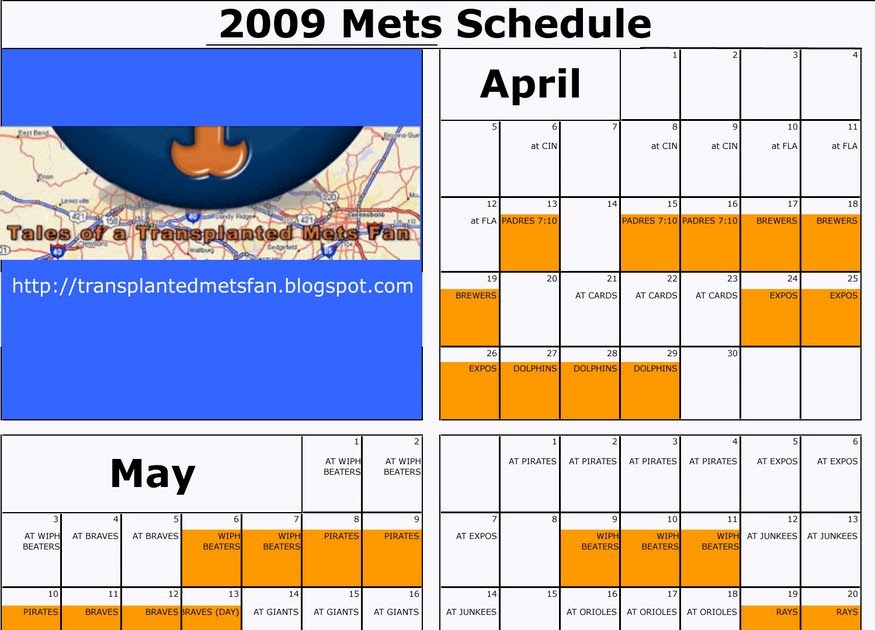 Tales Of A Transplanted Mets Fan: 2009 Printable Mets Schedule