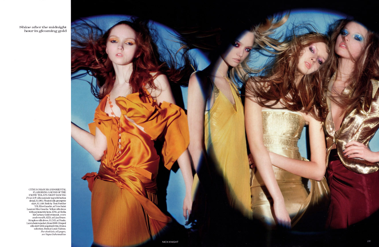 Gemma Ward, Lily Cole, Tiiu Kuik, Polina Kouklina in Vogue UK 2004