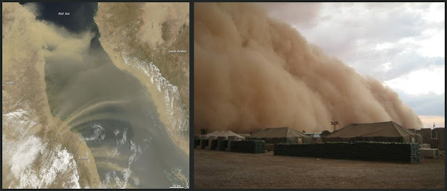 Tormenta de arena desde un satelite y desde una base militar