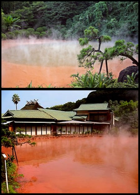 Estanque de agua termal roja en Japon