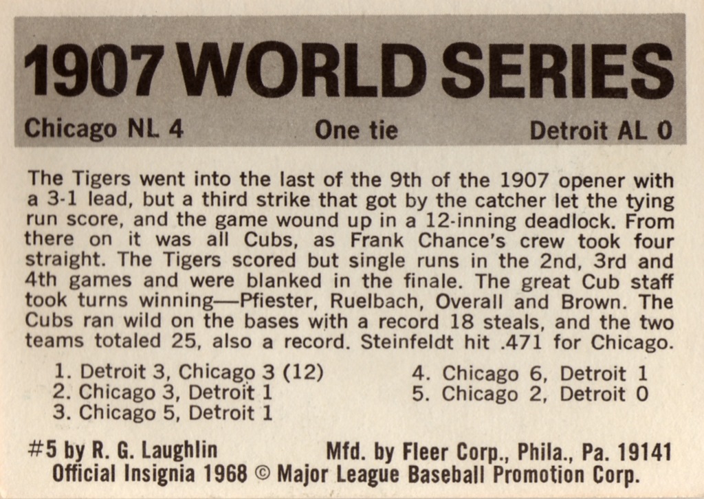 Number 5 Type Collection: 1971 Fleer Baseball World Series #5, 1907 (Cubs  vs. Tigers)