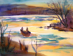 watercolor river painting sunset