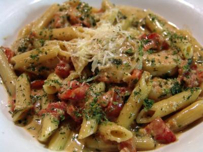 Add chicken and pasta, stir in pesto to taste. I just added a spoon full at 