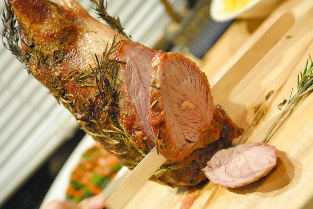 Abby & Sam's Kitchen Roasted leg of lamb with lamb jus, grilled asparagus with red pepper and