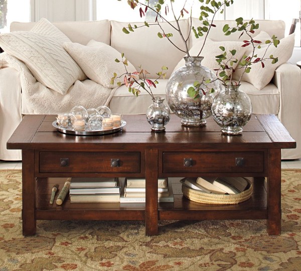 Contemporary Warm Living Room Interior, Pottery Barn Coffee Table Decorating Ideas
