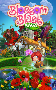 Blossom Blast Saga opening screen with bee character, cottage and flowers.
